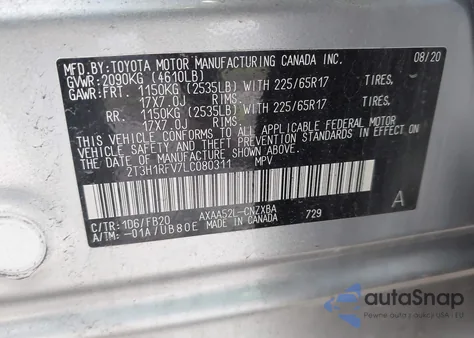 2020 Toyota Rav4 Le из США, поврежденный, VIN 2T3H1RFV7LC080311